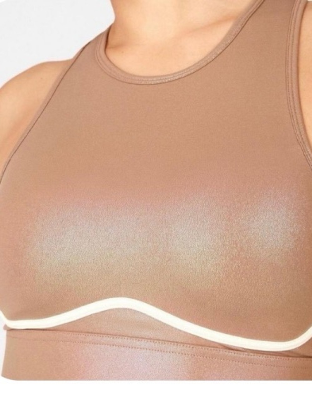 Fabletics Tan High-Neck Sports Bra with White Trim